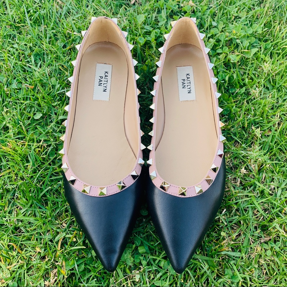 Kaitlyn Pan Black Leather Studded Pointed Flats